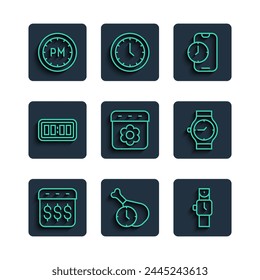 Set line Payday, calendar with dollar, Food time, Wrist watch, Alarm clock app mobile, Calendar spring, Digital alarm, Day and  icon. Vector