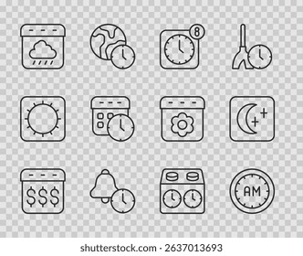 Set line Payday, calendar with dollar, Morning time, Alarm clock app mobile, Calendar autumn, and, Time chess and Moon stars icon. Vector