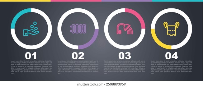 Set line Paying tips, Heating radiator, Shower head and Toilet paper roll. Business infographic template. Vector