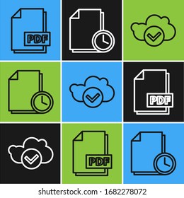 Set line PDF file document, Cloud with check mark and Document with clock icon. Vector