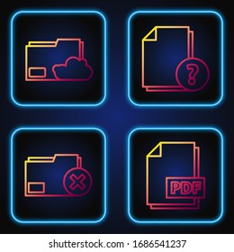 Set line PDF file document, Delete folder, Cloud storage text document folder and Unknown document. Gradient color icons. Vector
