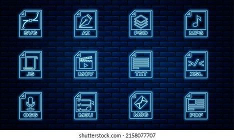 Set line PDF file document, XSL, PSD, MOV, JS, SVG, TXT and AI icon. Vector