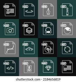 Set line PDF file document, GIF, PPT, EPS, PSD, RAW, DOC and MP3 icon. Vector