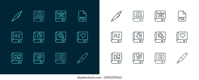 Set line PDF file document, Phone book, Book about women, Law, Ancient magic, Pen and User manual icon. Vector