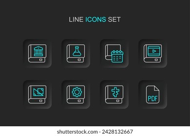 Set line PDF file document, Holy bible book, User manual, Book about geometry, cinema, Daily paper notepad, Chemistry and Law icon. Vector