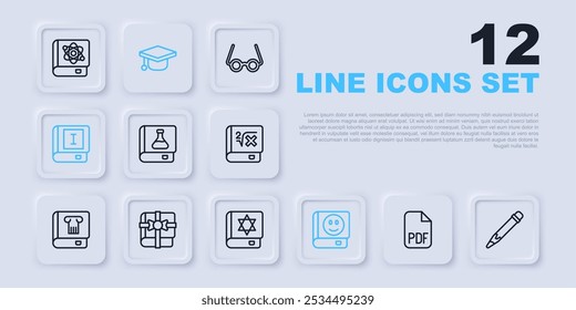 Set line PDF file document, Pencil with eraser, Chemistry book, Book, gift, Graduation cap and Jewish torah icon. Vector