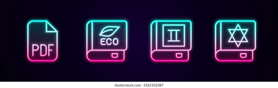 Set line PDF file document, Book about ecology,  and Jewish torah book. Glowing neon icon. Vector