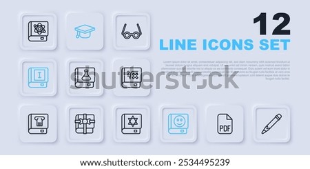 Set line PDF file document, Pencil with eraser, Chemistry book, Book, gift, Graduation cap and Jewish torah icon. Vector