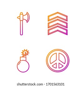 Fije la línea Paz, Bomba lista para explotar, hacha medieval y rango militar. Iconos de color degradado. Vector