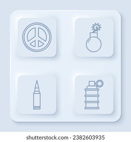 Set line Peace, Bomb ready to explode, Bullet and Hand grenade. White square button. Vector