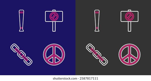 Set line Peace, Chain link, Protest and Police rubber baton icon. Vector