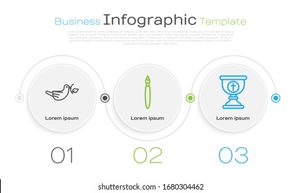 Set line Peace dove with olive branch, Paint brush and Christian chalice. Business infographic template. Vector