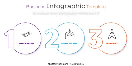 Set line Peace dove with olive branch, Easter cake and candle and Hands in praying position. Business infographic template. Vector
