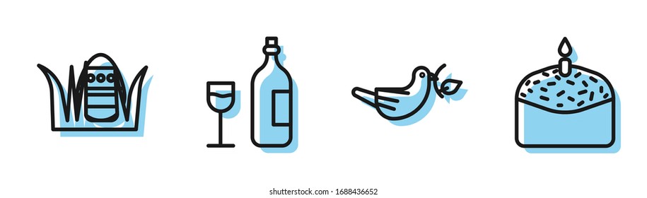 Set line Peace dove with olive branch, Easter egg, Wine bottle with glass and Easter cake and candle icon. Vector