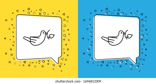 Set line Peace dove with olive branch icon isolated on yellow and blue background. Happy Easter.  Vector Illustration