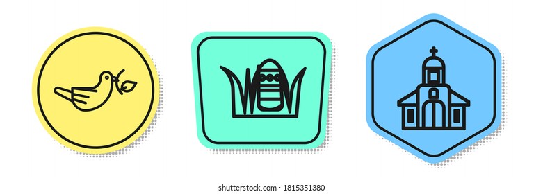 Set line Peace dove with olive branch, Easter egg and Church building. Colored shapes. Vector