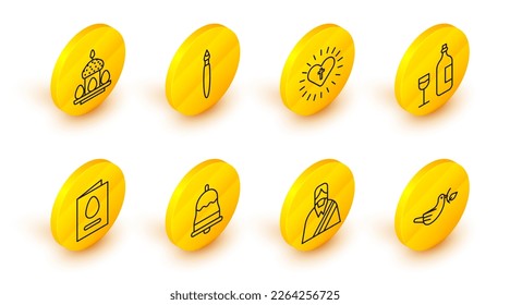 Set line Peace dove with olive branch, Jesus Christ, Ringing bell, Greeting card Happy Easter, Wine bottle glass, Christian cross and heart, Paint brush and cake eggs icon. Vector