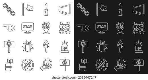 Fijar la línea Paz, la sirena Flasher, la máscara de gas, el cuchillo militar, la protesta, el silbido, el enlace de cadena y el icono de la paz de ubicación. Vector