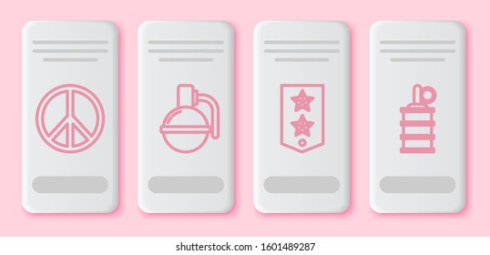 Set line Peace , Hand grenade , Chevron  and Hand grenade . White rectangle button. Vector