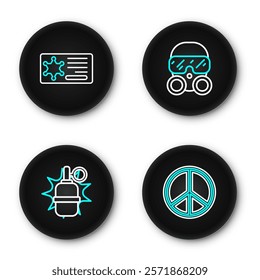 Set line Peace, Hand grenade, Gas mask and Police badge icon. Vector
