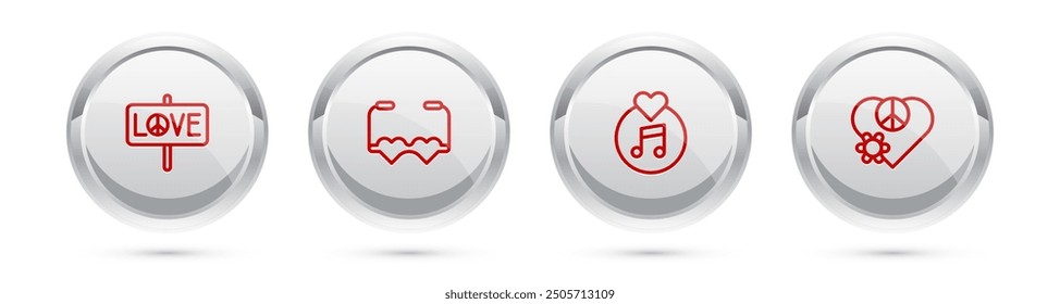 Set line Peace, Heart shaped love glasses, Vinyl disk and Love peace. Silver circle button. Vector