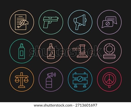 Set line Peace, Lying burning tires, Megaphone, Pepper spray, Paint can, Petition, Judge gavel and Pistol or gun icon. Vector