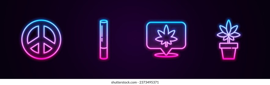 Set line Peace, Marijuana joint, Location and cannabis and or plant. Glowing neon icon. Vector