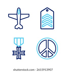 Set line Peace, Military reward medal, Chevron and Plane icon. Vector