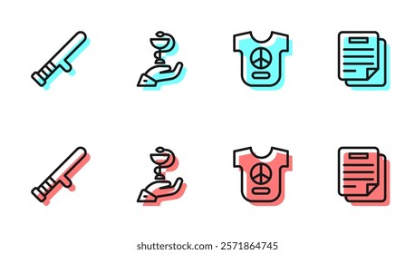 Set line Peace, Police rubber baton, Caduceus snake medical and Document icon. Vector