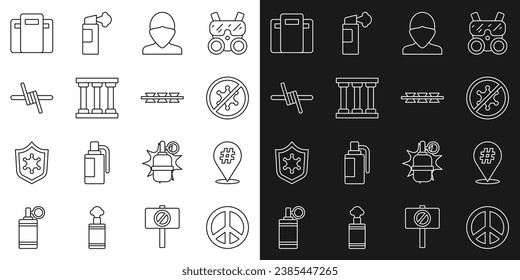 Set line Peace, Protest, Vandal, Prison window, Barbed wire, Police assault shield and  icon. Vector