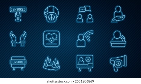 Set line Paz, Alto-falante, Fala bubble chat, Frequência cardíaca, Algemas em mãos de criminoso, selo censurado, Polícia bater humano e ícone do dia internacional da paz. Vetor