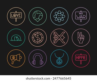 Set line Peace, symbol, Flower, Yin Yang, Tourist tent, No war and The heart world - love icon. Vector