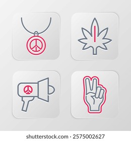 Set line Peace symbol, Megaphone, Marijuana and Necklace with peace icon. Vector