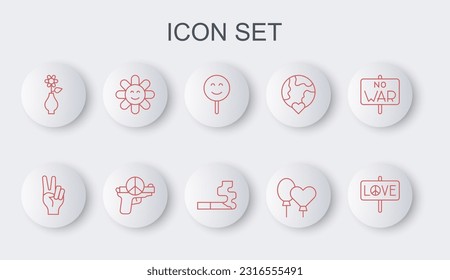 Set line Peace, symbol, Smile face, Balloons, Flower in vase, No war and Cigarette icon. Vector