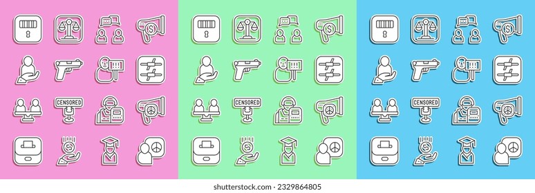 Set Line Peace Vorträge, Stacheldraht, Sprechblase Chat, Pistol oder Pistole, Lebensversicherung in der Hand, Gefängniszelle Tür und Protest Symbol. Vektorgrafik