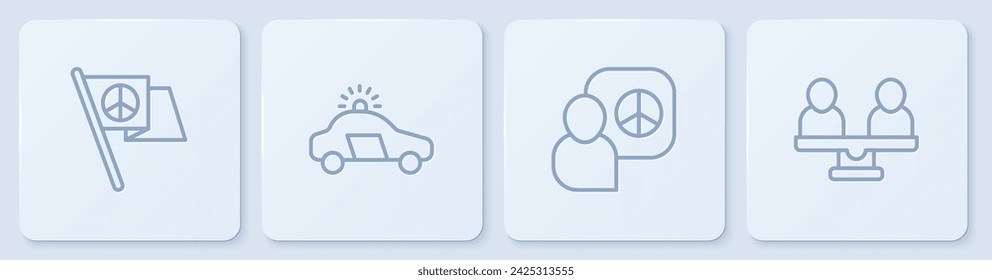Fijar la línea de la paz, las conversaciones, el coche de la policía y la luz intermitente y la igualdad de género. Botón cuadrado blanco. Vector