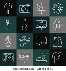 Set line Peace t-shirt print stamp, Jeans wide, Vinyl disk, Marijuana, Guitar, Flower vase, Smile face and No war icon. Vector