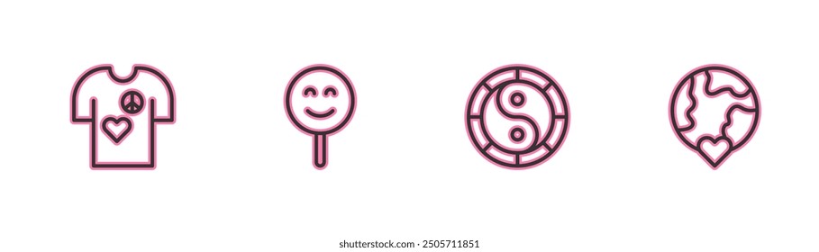 Set line Peace t-shirt print stamp, Yin Yang symbol, Smile face and The heart world love icon. Vector