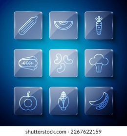 Set line Peach fruit, Corn, Green peas, Carrot, Beans, Cabbage, Fresh cucumber and Broccoli icon. Vector
