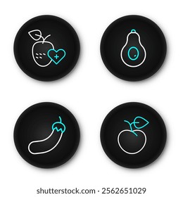 Set line Peach fruit or nectarine, Eggplant, Avocado and Healthy icon. Vector
