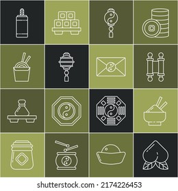 Set line Peach fruit, Rice in bowl with chopstick, Decree, paper, parchment, scroll, Yin Yang, Chinese lantern, Asian noodles box and chopsticks, Firework and envelope icon. Vector