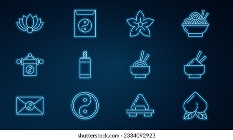 Set line Peach fruit, Rice in bowl with chopstick, Lotus flower, Firework, Yin Yang, Asian noodles and and envelope icon. Vector