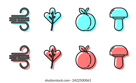 Set line Peach fruit, Wind, Leaf or leaves and Mushroom icon. Vector