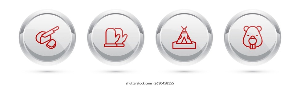 Set line Peameal bacon, Christmas mitten, Indian teepee or wigwam and Beaver animal. Silver circle button. Vector