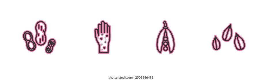 Set Linie Erdnuss, Nierenbohnen, Hand mit Psoriasis oder Ekzem und Sesamsamen Symbol. Vektorgrafik