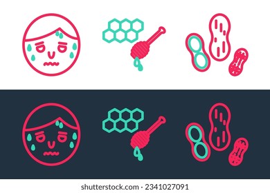 Set line Peanut, Man with excessive sweating and Honeycomb honey dipper icon. Vector