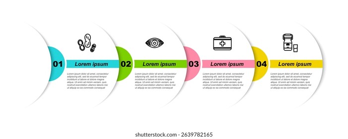 Set line Peanut, Reddish eye allergic conjunctivitis, First aid kit and Can container for milk. Business infographic template. Vector