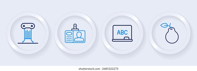 Set line Pear, Chalkboard, Identification badge and Law pillar icon. Vector