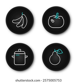 Set line Pear, Cooking pot, Pumpkin and Banana icon. Vector