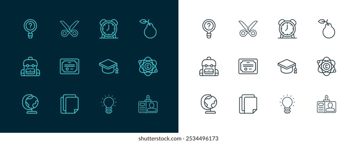 Set line Pear, File document, Graduation cap, Creative lamp light idea, Certificate template, Alarm clock, Unknown search and Scissors icon. Vector